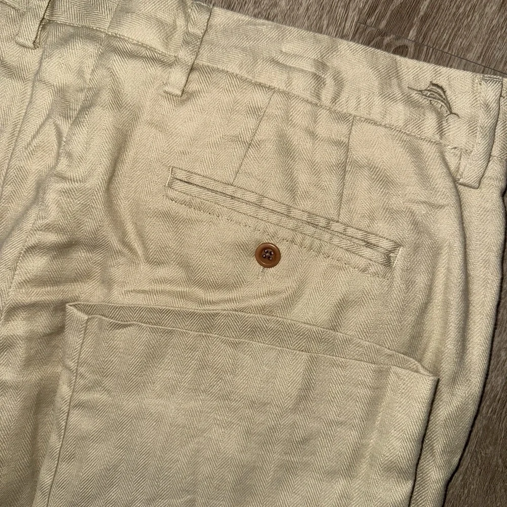 Tommy Bahama Latigo Beach Linen Blend Pants Mens 35x32 Beige Herringbone CoolMax